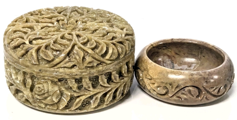 Vintage Carved Presumed Soapstone Lidded Box & Small Bowl - Box 4" Diameter &times; 2" Tall