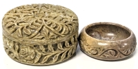 Vintage Carved Presumed Soapstone Lidded Box & Small Bowl - Box 4" Diameter &times; 2" Tall