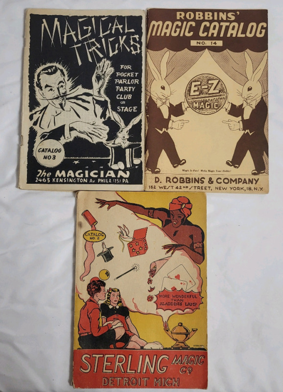 Three (3) Vintage Magician / Magic Trick Catalogs . 1945 Sterling Magic Co. No. 2 , 1960s Magical Tricks No. 3 & 1960s Robbins Magic Catalog No. 14