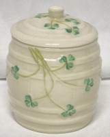 BELLEEK IRELAND Barrel Jam Jar or Suger Bowl with Lid 3.5" Tall
