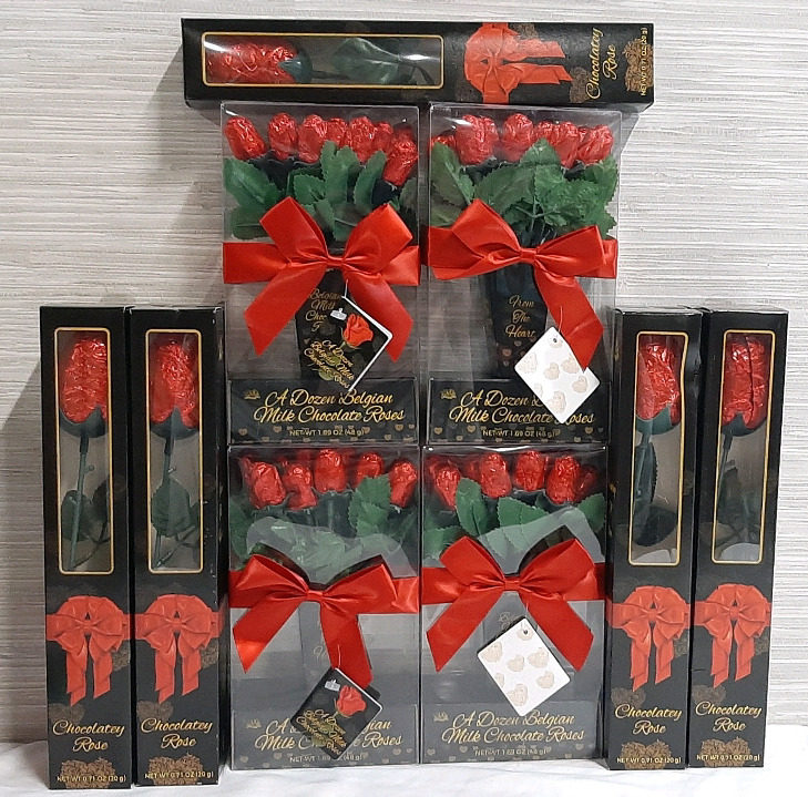 4 New Dozen Belgian Milk Chocolate Roses (48g each, Best Before November 23rd 2026) & 9 Chocolatey Roses (20g each, Best Before February 28th, 2026)