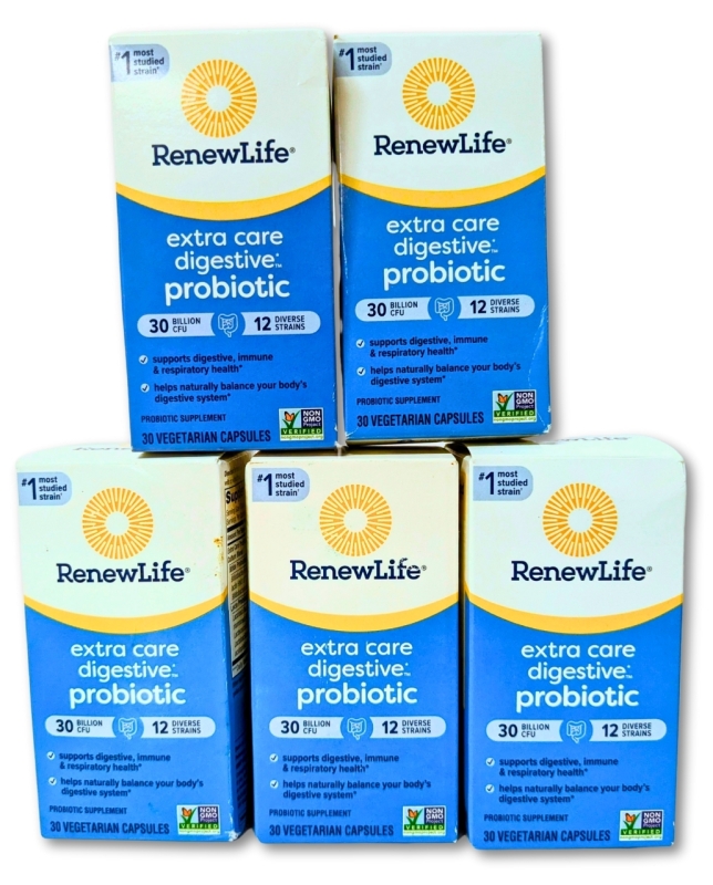 5 New Boxes RENEW LIFE Extra Care Digestive Probiotics - 30 Vegetarian Capsules Per Box | EXP Between 05-08 2025 | Over $150 Retail Value!