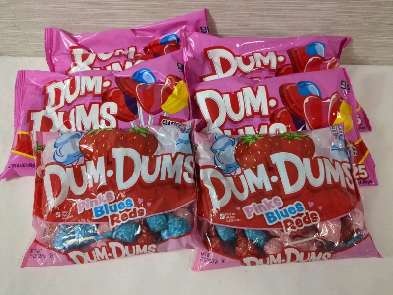6 New Bags Dum-Dums Valentines Themed Lollipops Candy, Approx 25 count per bag