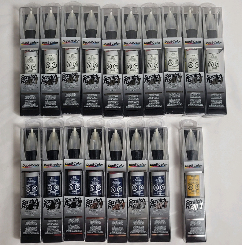 18 New Dupli-Color Scratch Fix All-in-1 Vehicle Paint : GM : Arctic White - 10 , GM : Black Sapphire - 7 & Ford : Chrome Yellow - 1 . Retail $500+