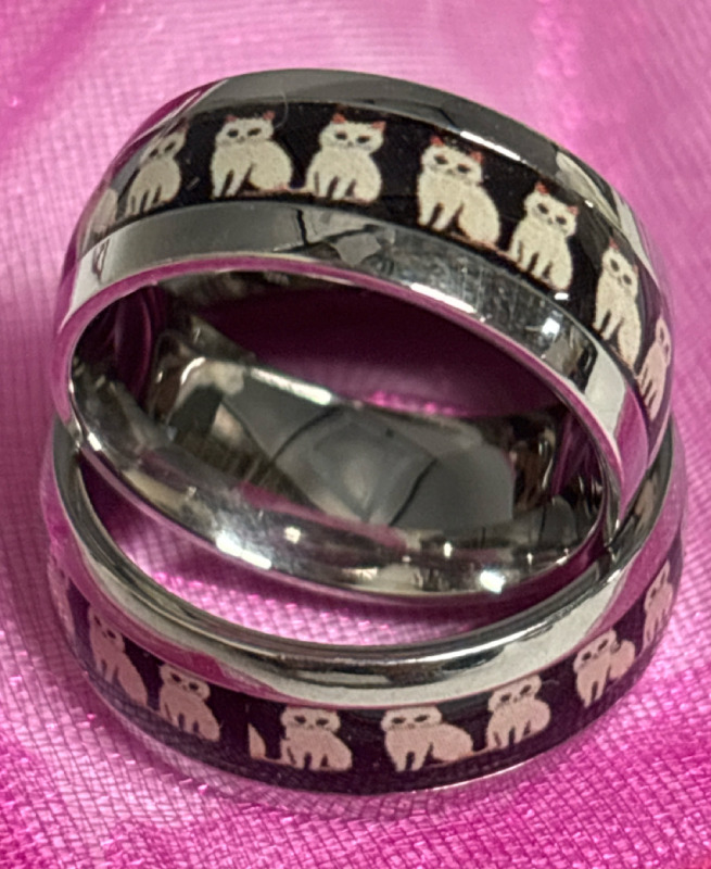 Two 8mm Cute Cat Lover Band Ring Stainless Steel Size 9 and Size 7 Infinity Design