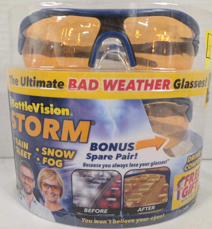 New Battlevision Storm Bad Weather Glasses w/ UV and Blue Light Protection- Also Comes with an Extra Replacement Pair
