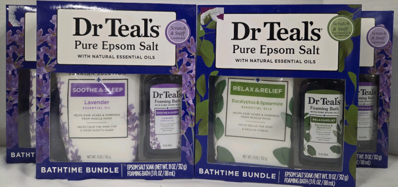 4 New | Dr Teals Pure Epsom Salt Bath Kits | Each Comes With 88mL Bubble Bath & 312g Epsom Salt Soak : In Lavender & Eucalyptus/Spearmint Scents