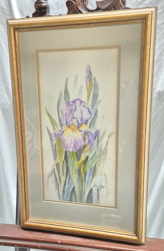 Vintage Framed Watercolour Purple Iris by Lisa Wirth 14 by 22"