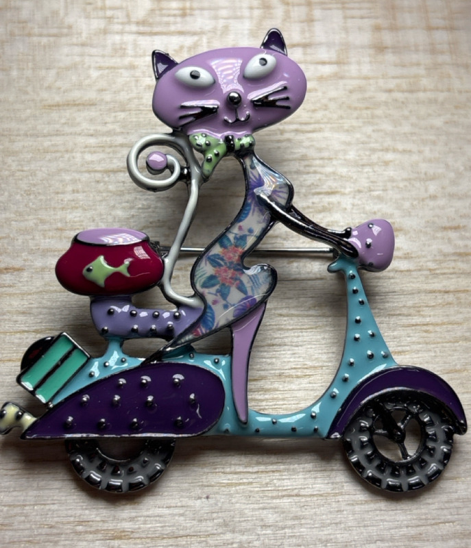 French-Style Classic Cat on Scooter Brooch Intricate Detailing Funky Design<br/>Approximately 2.15 x 2.15 Inch