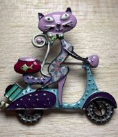 French-Style Classic Cat on Scooter Brooch Intricate Detailing Funky Design<br/>Approximately 2.15 x 2.15 Inch