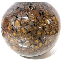 Gorgeous Round Art Glass Vase With Milk Glass Interior & Metallic Copper Flecks Throughout - 7" Tall