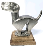 Adorable Modern Art Metal Dog/Puppy Statue on Wooden Base - 9.5" Tall