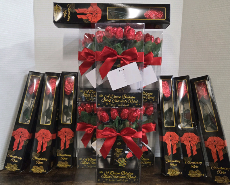 79 New | Chocolate Roses | (6) Dozen Belgian Milk Chocolate Roses 48g ea. & (7) Choclatey Single Roses 20g ea.
