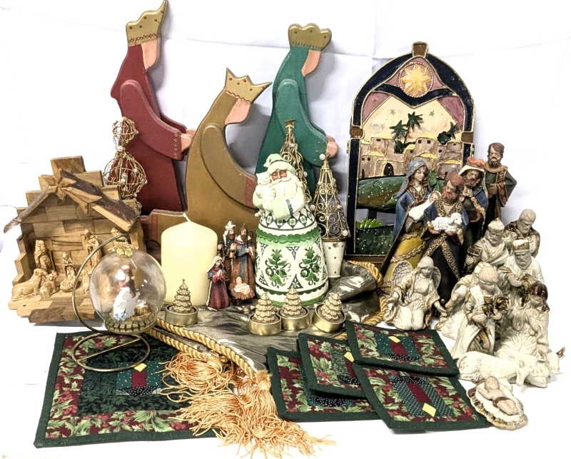 Vintage to Modern Christmas & Nativity : Includes Incomplete Nativities, Ornaments, Wood, Ceramic & Resin Pieces, Quilted Coasters, Candles + More - Up To 14" Tall (See Photos for Contents)