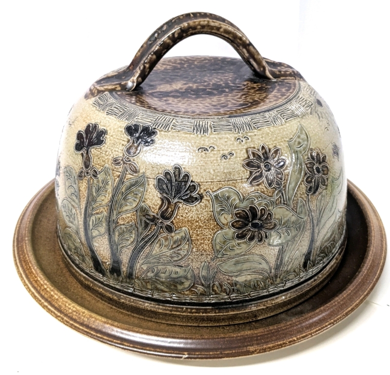 Large Vintage 1960s-70s Salt-Glazed Stoneware Dome/Cloche With Signed Replacement Bottom Plate | 12.5" Diameter &times; 8.25" Tall