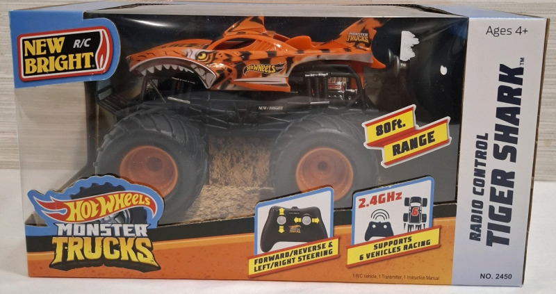 New In Box | Hot Wheels Monster Trucks Radio Control Tiger Shark | 80ft Range with Forward/Reverse & Left/Right Steering | Box Measurement- 11.2" X 6"
