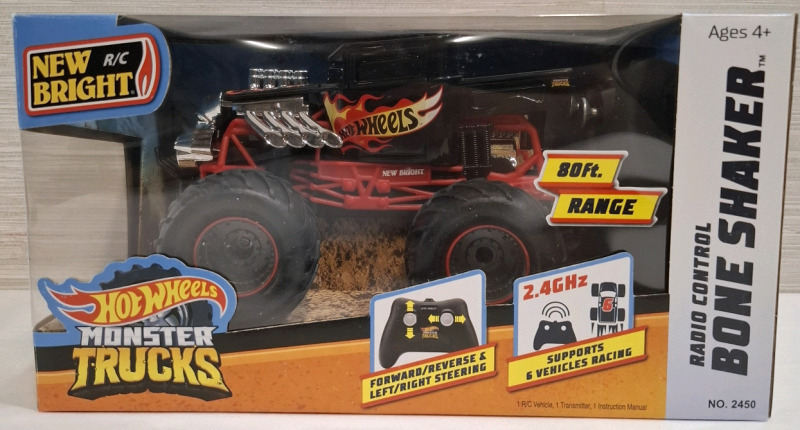 New In Box | Hot Wheels Monster Trucks Radio Control Bone Shaker | 80ft Range with Forward/Reverse & Left/Right Steering | Box Measurement- 11.2" X 6"