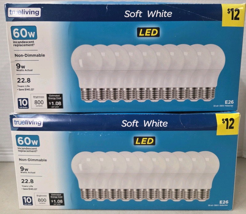 20 New | Soft White Incandescent Medium Base Lightbulbs | 800 Lumens, 9 Watts