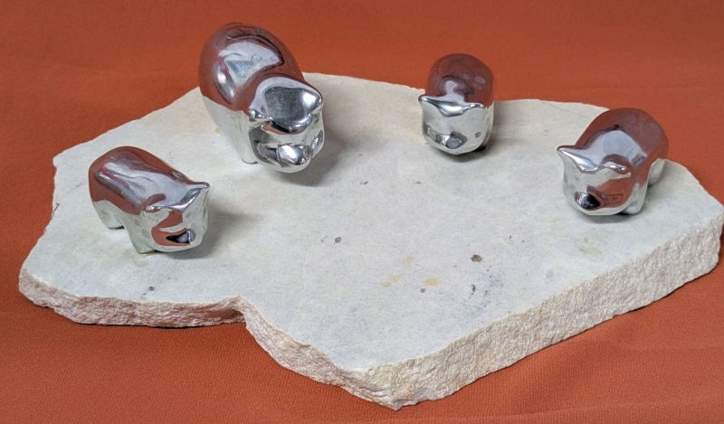 Rare Hoselton Sculpture Canada Polished Aluminium Pig Quartet Sculpture on Suspected Soapstone Slab - Slab Measures 10.25" &times; 7"