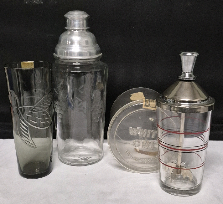 Vintage Bar Ware - Glass Shaker, Decanter Etched Grapes, White Owl Cigar Container +