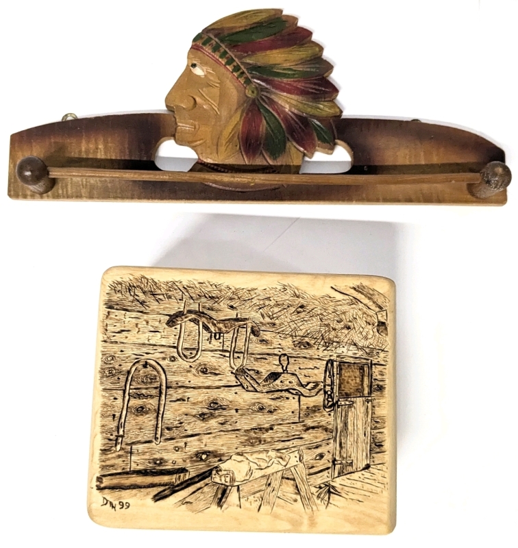 Signed Vintage OOAK GLENDON STUDIOS Bass Wood Treasure Box #9916 Box With Pyrography Art On All Sides & Vintage Lightweight Wall Hanging Chieftain Hand Towel Holder
