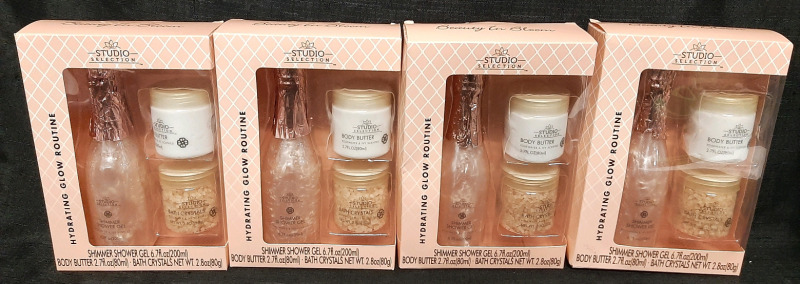 4 New Studio Selection Hydrating Glow Routine Sets (Contains Shimmer Shower Gel, Body Butter & Bath Crystals)
