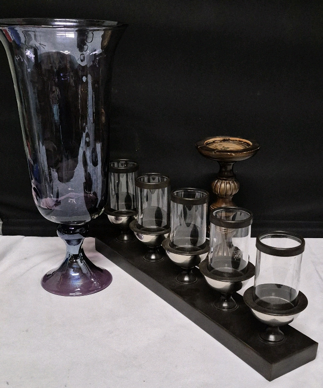 3 Lovely Home Decor Pieces- Purple Glass Vase & Candle Holders
