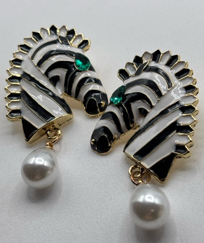 Statement Zebra Drop Earrings 14K Gold Plated with Pearl Accents Green CZ Stones Stainless Steel Ear Post Backs Approximately 2.4 x 0.9 Inch