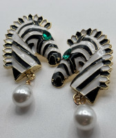 Statement Zebra Drop Earrings 14K Gold Plated with Pearl Accents Green CZ Stones Stainless Steel Ear Post Backs Approximately 2.4 x 0.9 Inch
