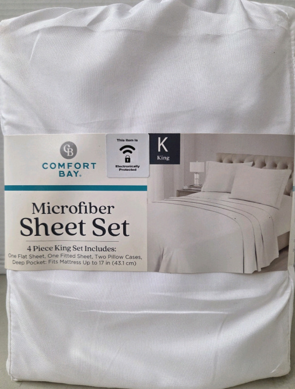 New | Comfort Bay King Size Microfiber Sheet Set | 4 Piece King Set Includes 1 Flat Sheet, 1 Fitted Sheet & 2 Pillow cases | Fits Mattress Up to 17"