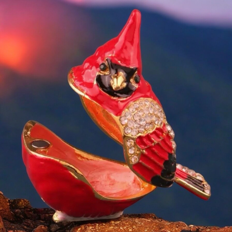 Rustic Cardinal Bird Jewelry Box Metal Trinket Holder with Magnetic Closure Painted Finish Approximately 2 Inches