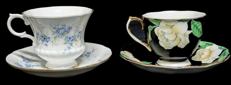 2 Sets Tea Cups & Saucers : ROYAL ALBERT "The Gardenia" & Royal Standard Blue Floral