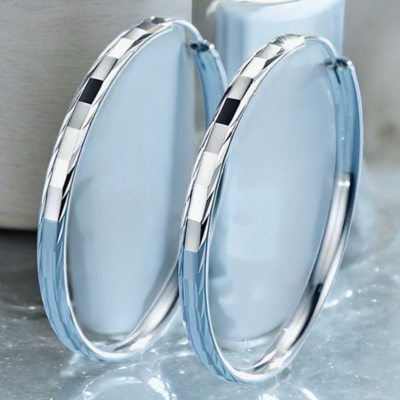 925 Pure Silver Smooth geometric Hoop Earrings Approximately 2 Inch stamped on slide in pierced posts