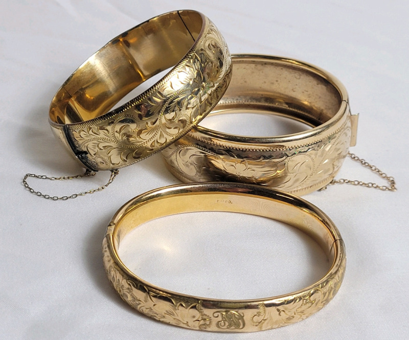 Three (3) Gold Filled Ladies Bangles . Various Etched Designs