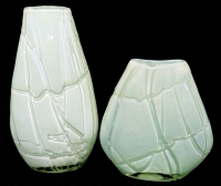 Pair Vintage Studio Art Glass Hand Blown Translucent Light Green Vases - 7.75" - 10.4" Tall