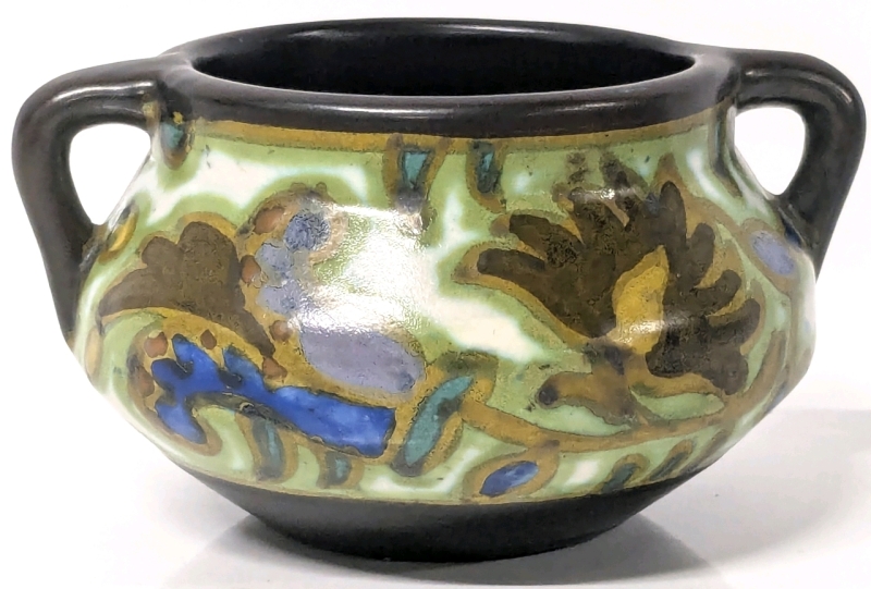 Stunning Signed Vintage GOUDA Holland Pottery Small Handled Vessel - 2.4" Tall