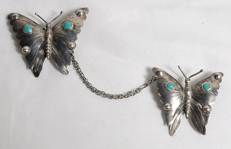 Mexico Sterling Silver Two Butterfly Turquoise Brooch . See photos for size