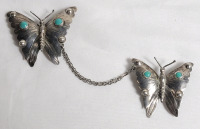 Mexico Sterling Silver Two Butterfly Turquoise Brooch . See photos for size