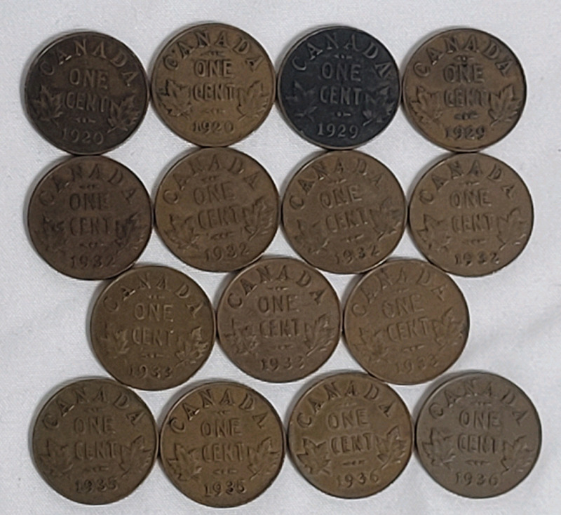 1920 - 1936 Canadian King George V Small Cent Pennies , 15 Coins . 1920 &times;2 , 1929 &times;2 , 1932 &times;4 , 1933 &times;3 , 1935 &times;2 & 1936 &times;2 .