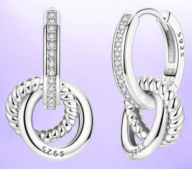 Three Circle 925 Sterling Silver CZ Charm Drop Earrings Approximately 0.8 Inch Drop Wear with Charms or as Hoops