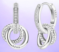 Three Circle 925 Sterling Silver CZ Charm Drop Earrings Approximately 0.8 Inch Drop Wear with Charms or as Hoops