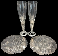 Pair Vintage Signed SEAGULL Pewter Tulip Champagne Flutes (8.75" Tall Ea) & 2 WMA ROGERS Plated Bamboo Trivets (6.25" Diameter)