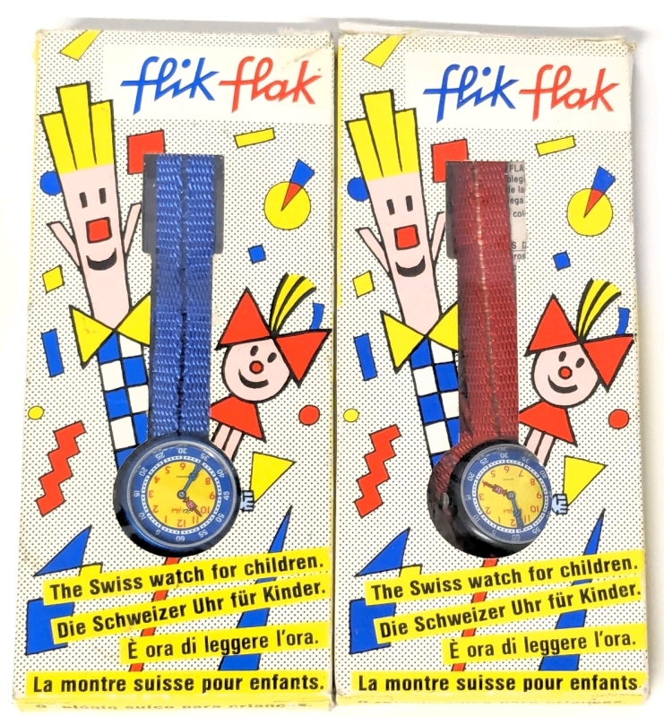 2 Vintage As-New Swatch FLIK FLAK Children's Watches in Boxes : AUA 16 / 05 - 1.10" Diameter Faces, 6.5" Long Straps