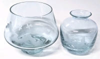 2pcs Signed CAITHNESS Etched Birds Design Light Blue Glass : Presentation Bowl & Vase - 3.8" - 4.1"