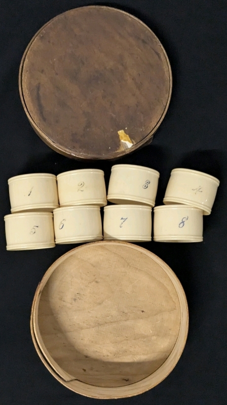 8 Vintage Numbered Celluloid Napkin Rings (1.25" Wide, 1.25" Diameter) & Old Handmade Round Bentwood Box (5.75" Diameter &times; 2.25" Tall)