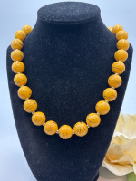 Vintage Soviet-era Hippie Statement Yellow Bead with Black Striations Necklace Ring Clasp 28 Inch
