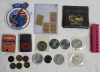 Vintage Junk Drawer Lot . Two (2) Wind-Proof Lighters , LEVI'S Patch , Bus Tickets , Coins & Tokens , Looney Pouch