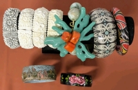 9 Vintage Bracelets & Bangles : Signed Indigenous, Handpainted, Presumed Celluloid Hinged Clamper Bracelets, Loma Raised Relief Town Bangle, Super Chunky Faux Coral Resin Stretch Bracelet