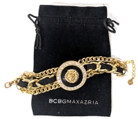 Very Ornate BCBGMaxAzaria Chain & Woven Ribbon Bracelet With Majestic Lion Surrounded By Rhinestones - 8.5" Long