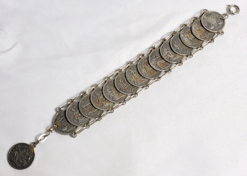 Vintage 15-Coin Zodiac Coin Bracelet . Measures 7.5" long